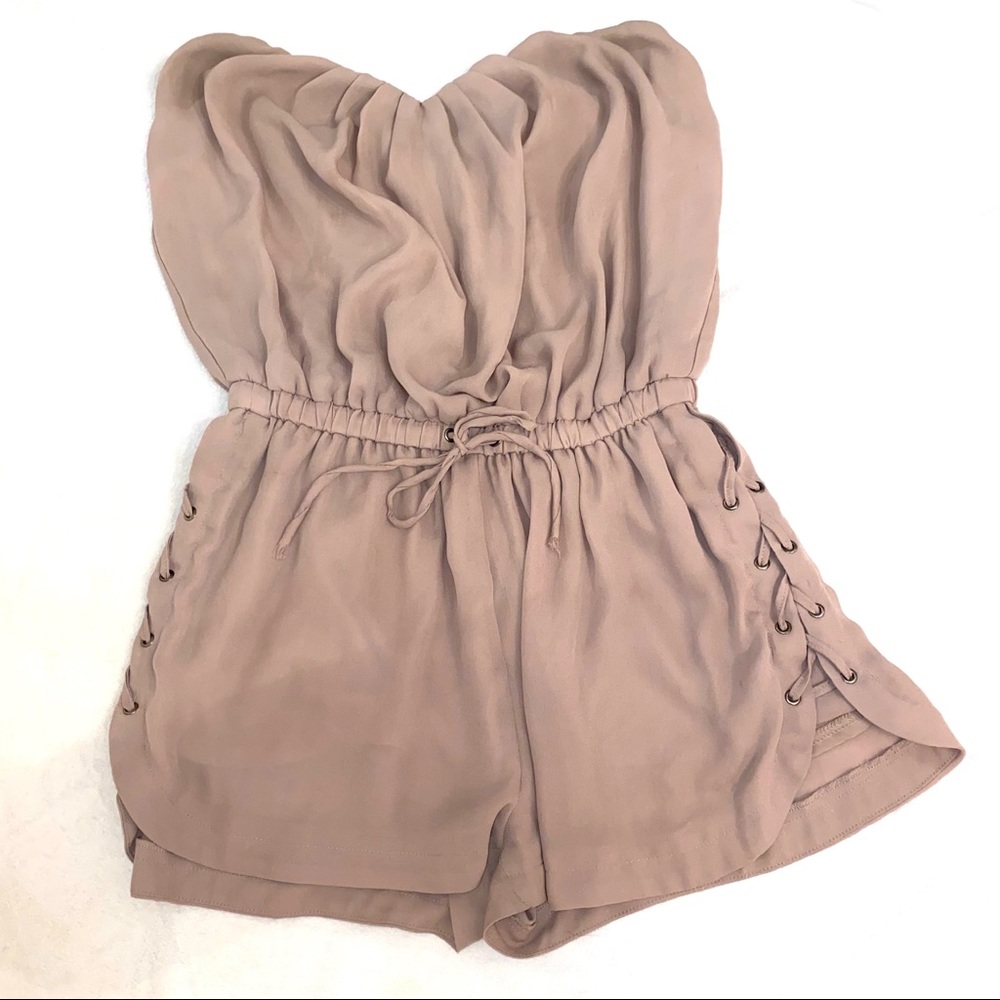 Strapless Lace Up Romper - beige